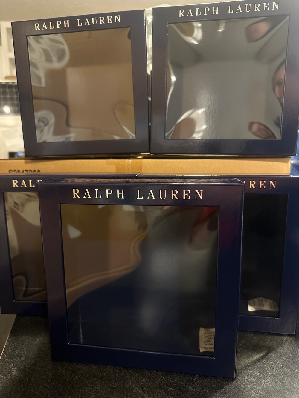 5- qty Ralph Lauren Navy Display Frame boxes with silver Logo.